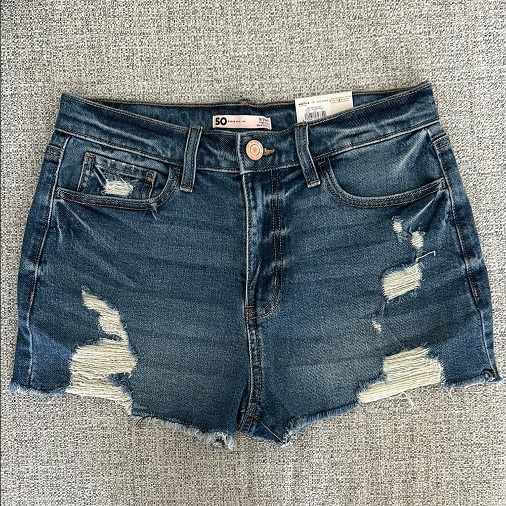 SO Blue Distressed Jean Shorts with Raw Hem